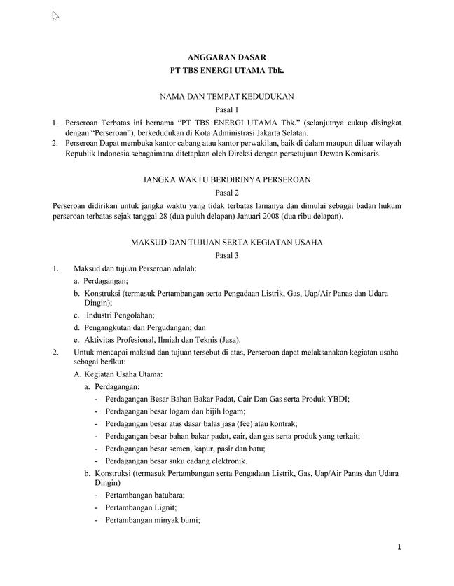 Articles of Association of TBS Energi Utama Tbk